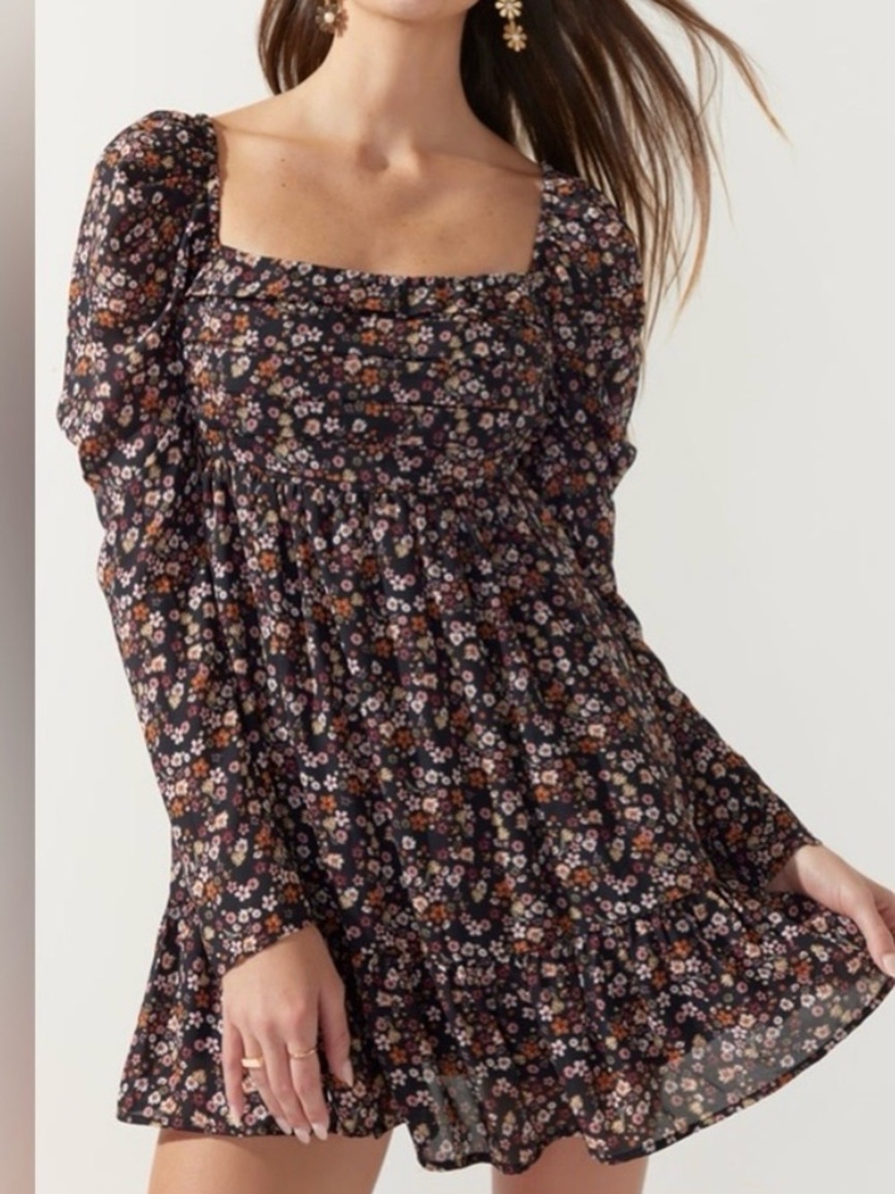 Fall Floral Square-Neck Long Sleeve Mini Dress - Black Floral